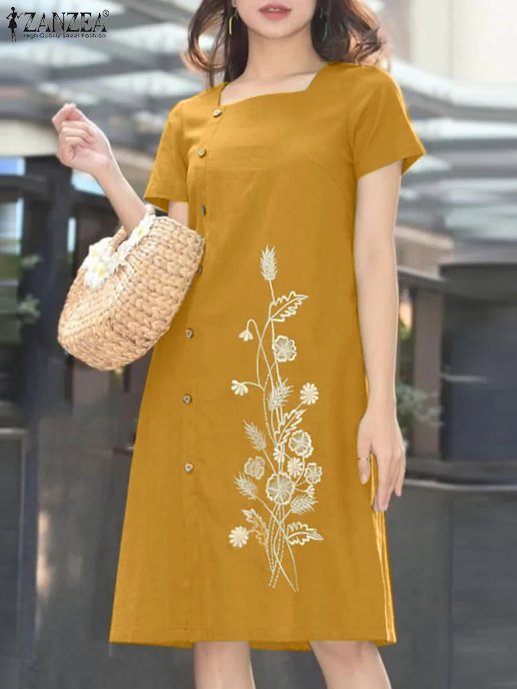 Floral Embroidery Dress For Women Square Neck Knee Length