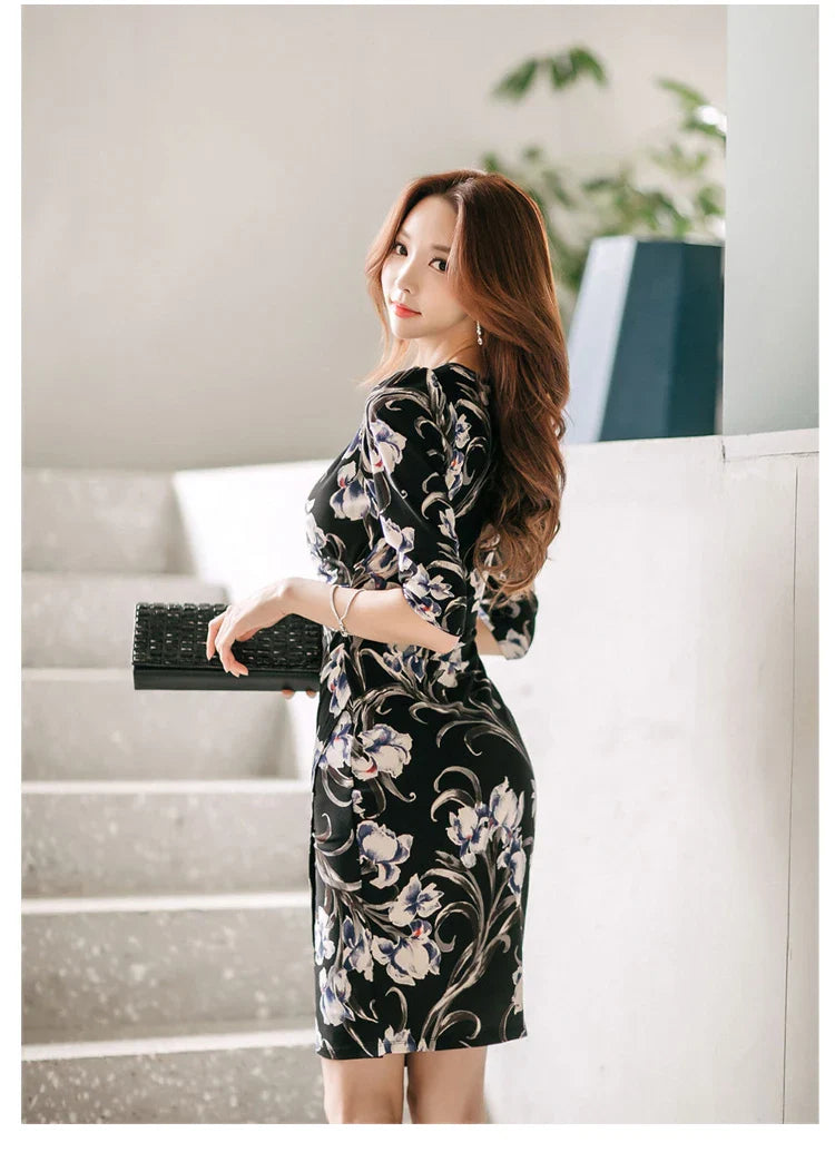 V-Neck Pencil Dress for Women Vintage Print Office Wear