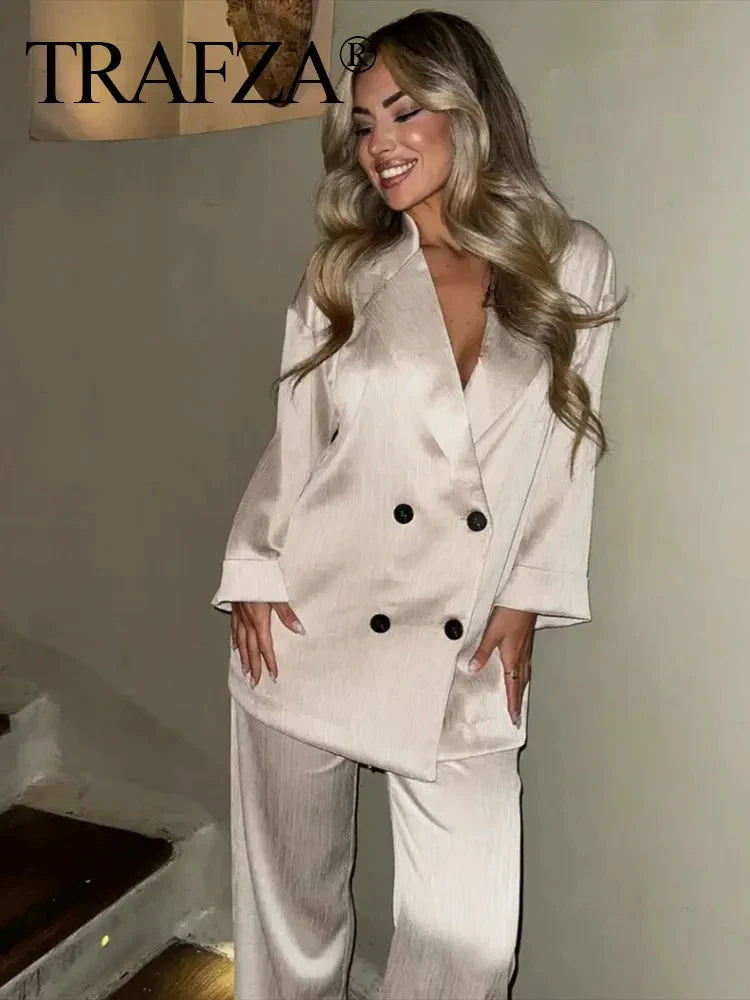 Trendy Women's Cozy Suit Set with Double Breasted Coat and Wide Leg Pants