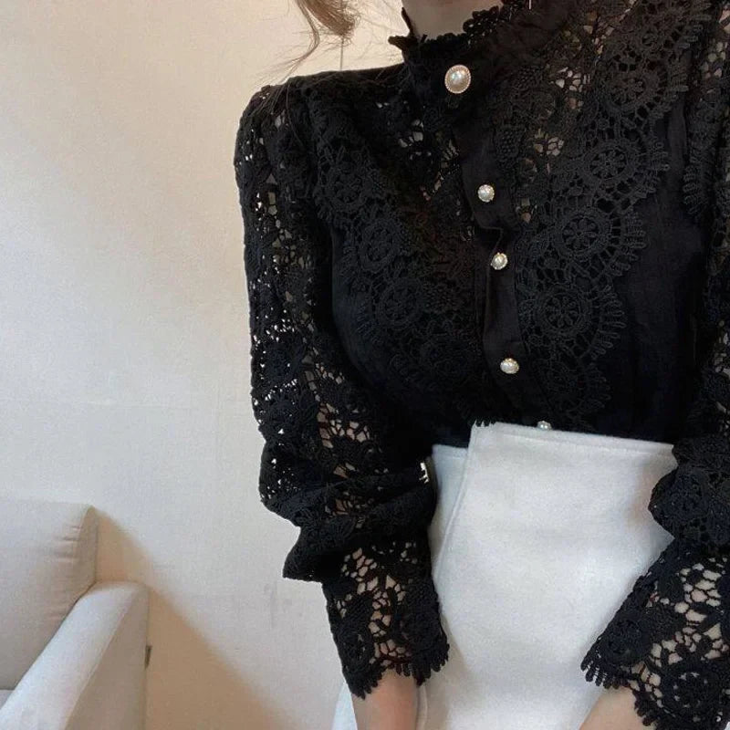 Vintage White Lace Blouse for Women Button Front Loose Fit Hollow Casual Shirt Top