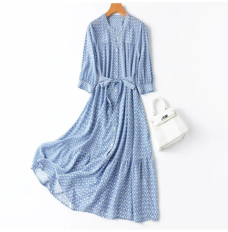 Silk Midi Dress For Women Blue Floral Ruffles V Neck