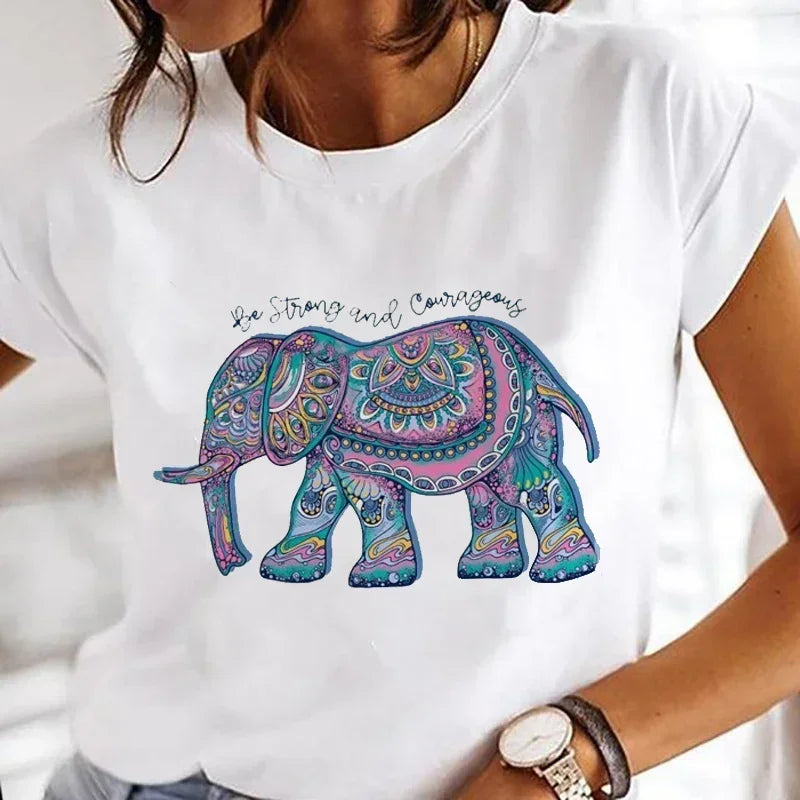 Funny Elephant Boho Printed T-Shirts for Women - Comfortable Short Sleeve Casual Tops