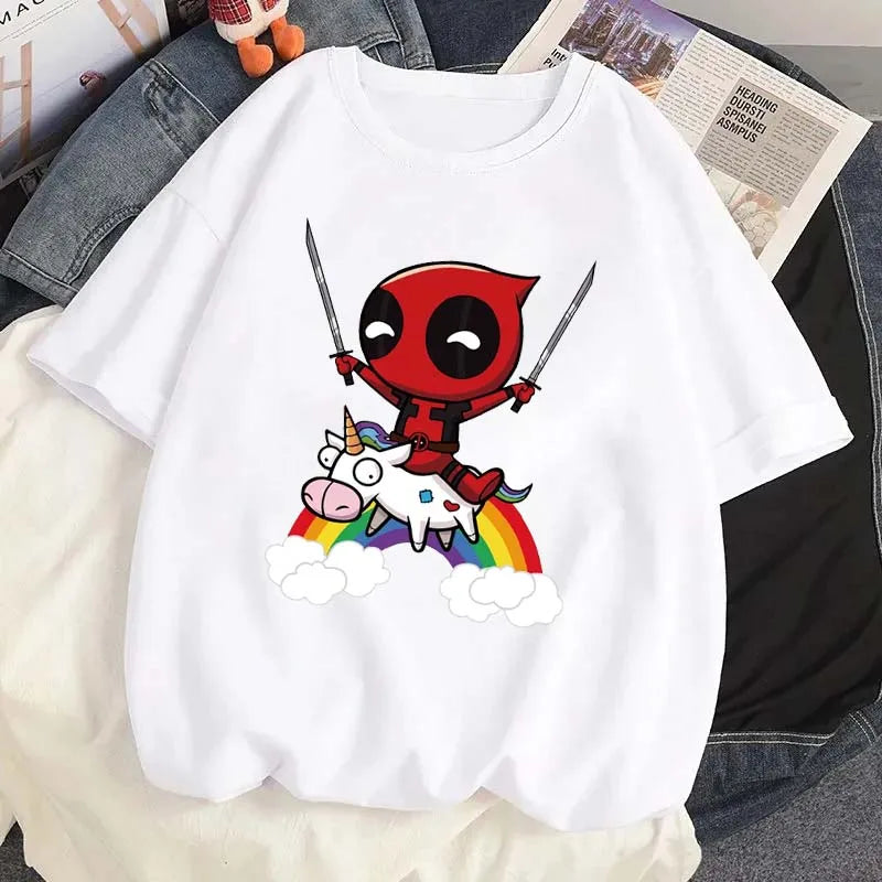 Cartoon Disney Marvel Deadpool Printed T-Shirt for Women Casual Summer Street Wear O-Neck Short Sleeve Tee
