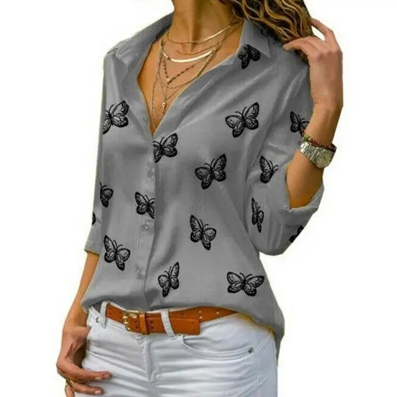 Elegant Women Butterfly Print Loose Fit Long Sleeve Blouse with Turn Down Collar Casual Oversized Office Shirt for Spring and Autumn
