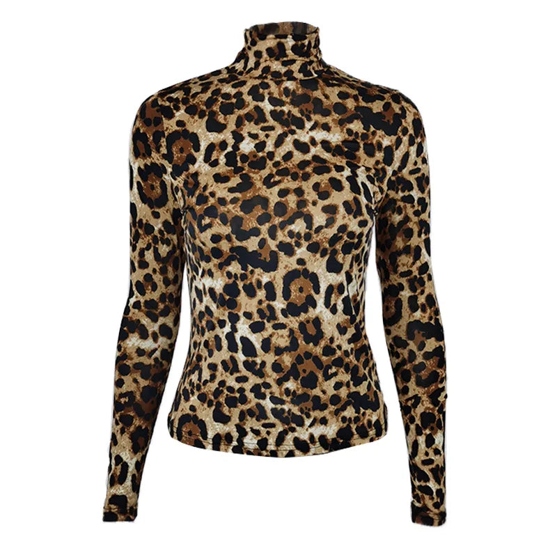 Women Leopard Print Long Sleeve Turtleneck Crop Top Casual Slim Ice Silk Tee