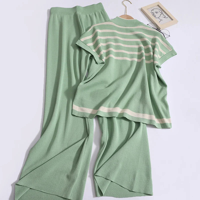 Women Knit Striped Two Piece Set Casual Short Sleeve Top and Loose Trousers Outfit