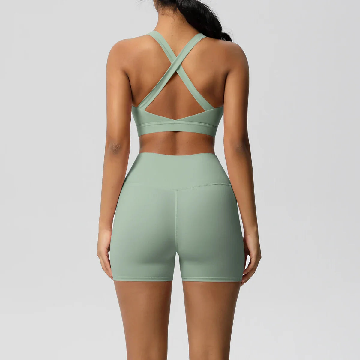 2PCS Pocketed Yoga Set for Women with Crossover Bra and Gym Leggings Workout Tracksuit Sports Shorts Activewear