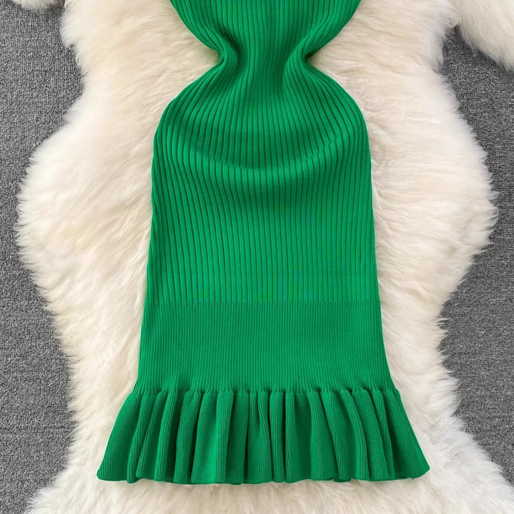Knitted Mini Dress Women Summer Bodycon Ruffled Elegant
