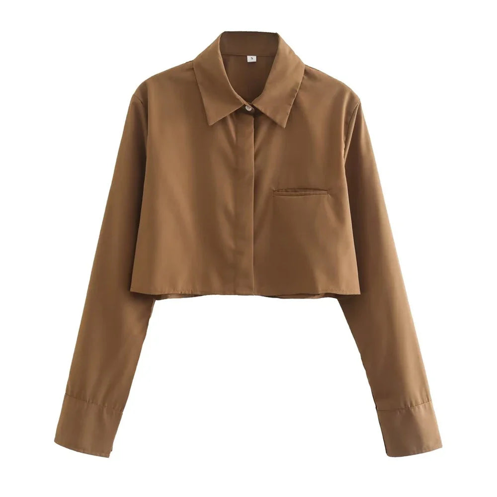 Women's Vintage Loose Cropped Shirt Long Sleeve Front Button Blouse Chic Casual Top