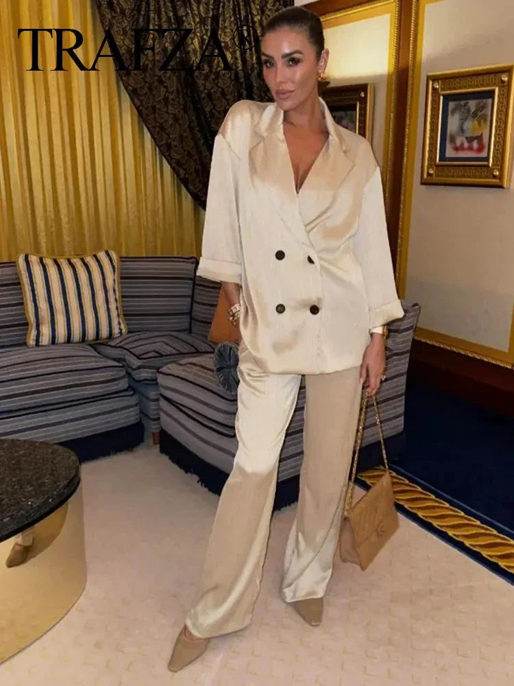 Elegant Women Blazer Pant Suit Set with Wrinkle Effect Double Breasted Long Sleeve Coat and Straight Trouser for Office Wear