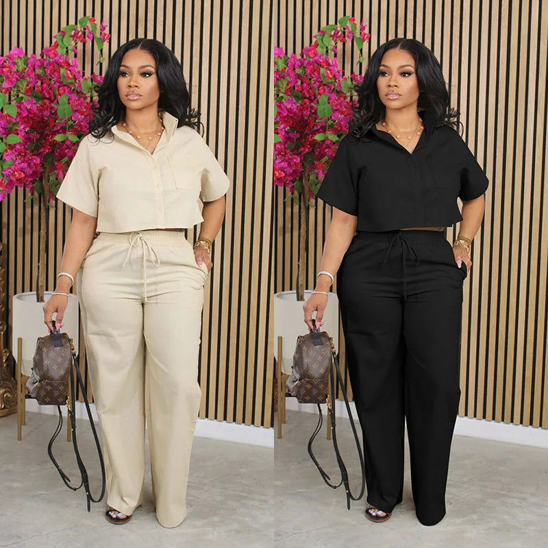 Linen Shirt and Wide Leg Pants Two Piece Set for Women, Casual Street Fashion Outfit