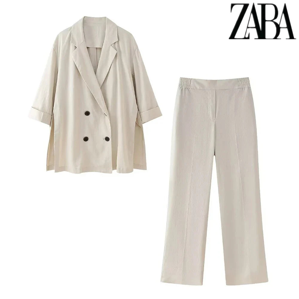 Women's Office Suit Set with Double Breasted Lapel Top and Wide Leg Pants in Solid Color