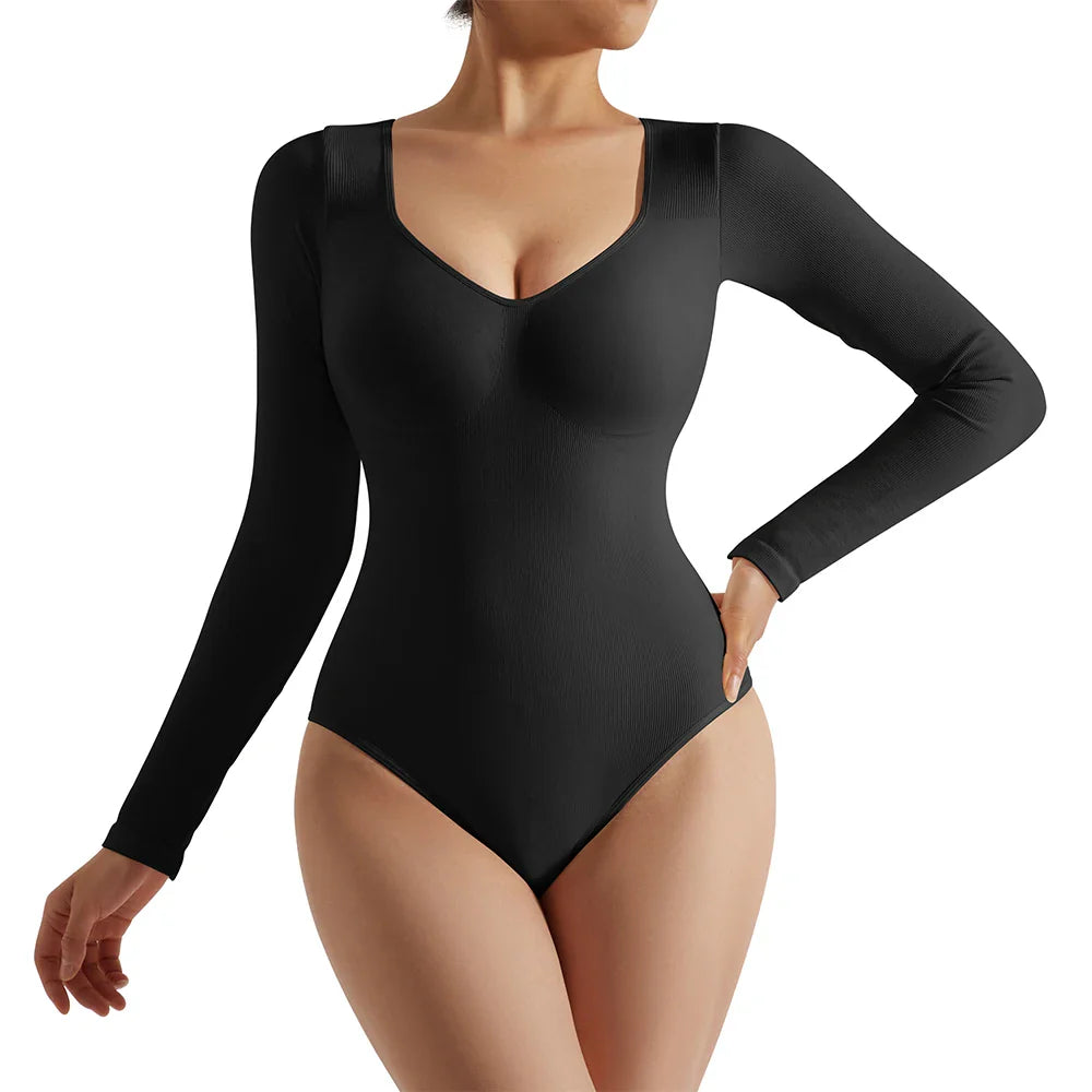 Sexy Long Sleeve Bodysuit for Women Skinny Bodycon V-Neck Push Up Romper Streetwear Jumpsuit