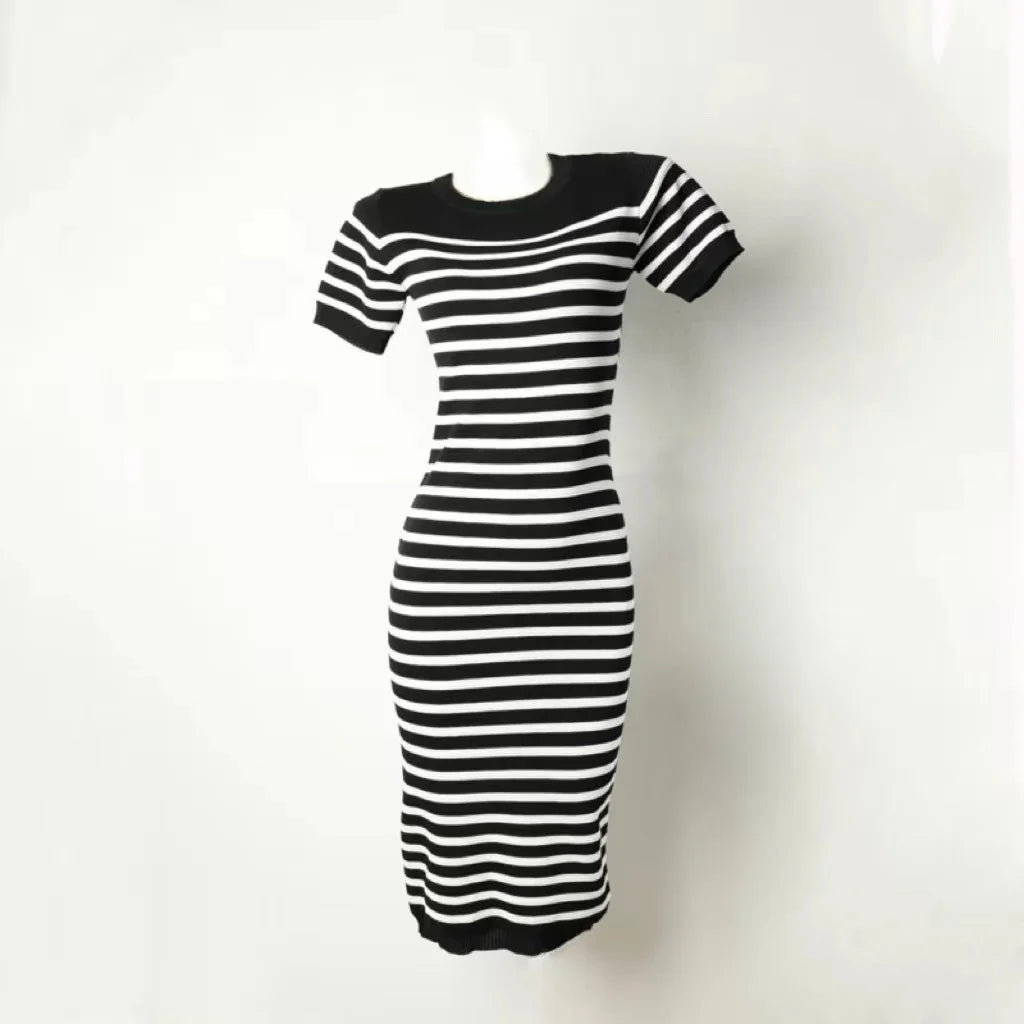 Summer Knit Bodycon Dress O Neck Short Sleeve Stripe Print