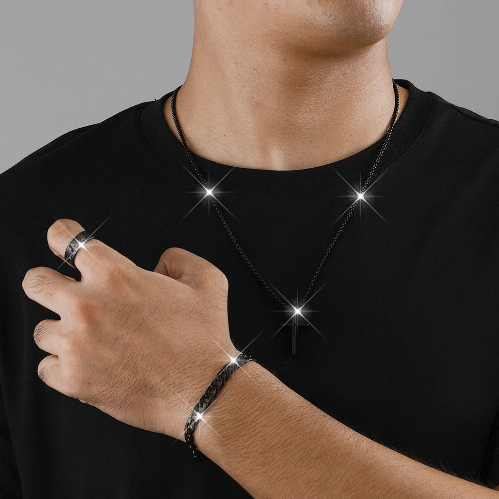 Men's Hip Hop Stainless Steel Cross Pendant Necklace Bracelet Ring Set