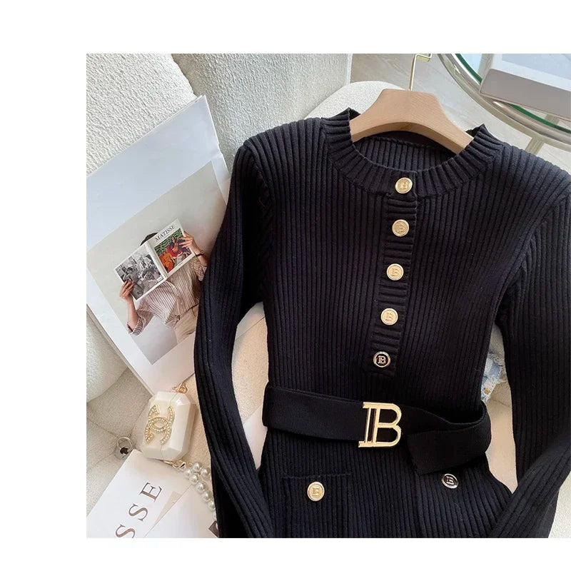 Womens Knitted Dress With Belt O Neck Bodycon Sweater Dress