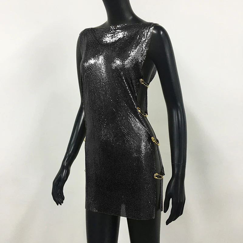 Y2K Metallic Sequins Mini Dress For Women Backless Clubwear