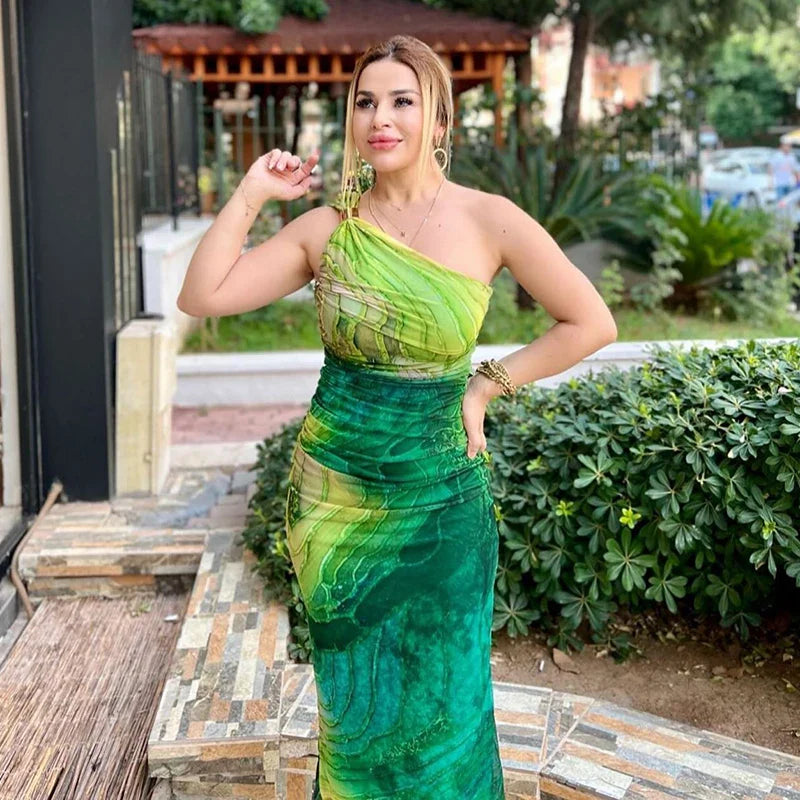 One Shoulder Backless Gradient Print Dress For Party