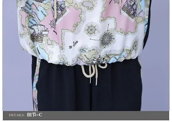 Women's Casual Two Piece Set with Hooded T-Shirt and Contrast Printed Pants for Spring and Summer Fashion