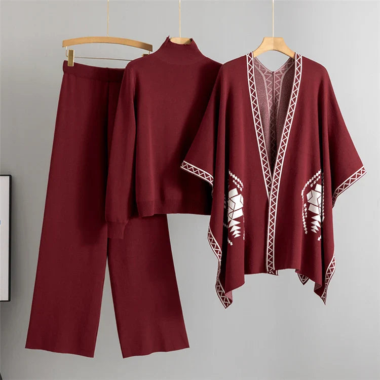Cozy Knit Shawl Pants Set for Women with Elegant Turtleneck Sweater and Wide Leg Trousers