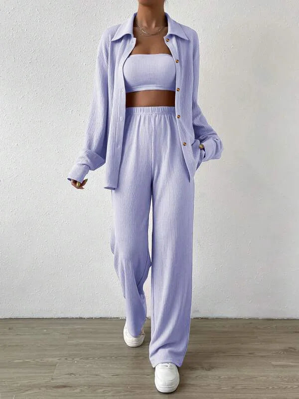 Autumn Women's Casual 2 Piece Outfit Long Sleeve Button Blouse and Wide Leg Loose Pants Loungewear Set