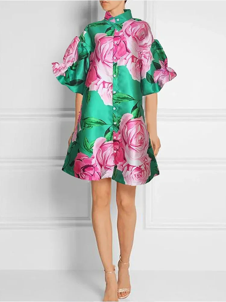 Floral Print Puff Sleeve Mini Dress With High Neck