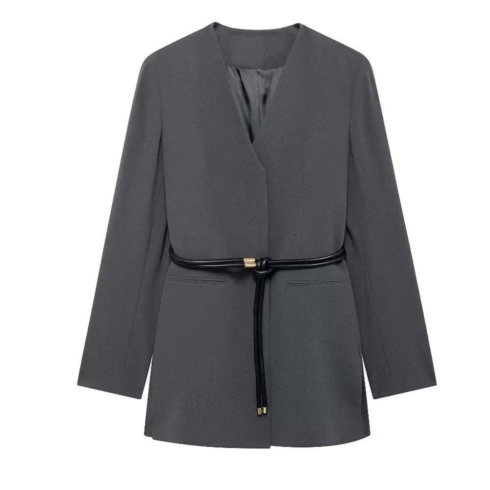 Women's Fashion Long Sleeve Suit Jacket with Belt and Zipper Straight Pants Set