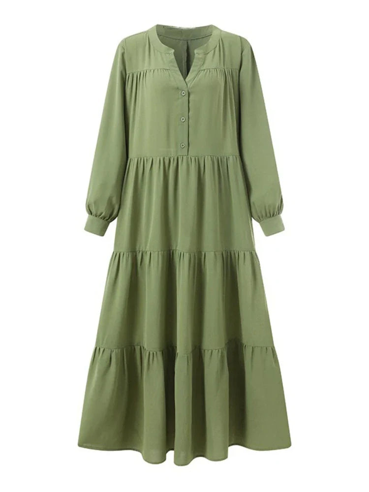 Womens Long Sleeve Swing Dress Cotton Hemp Casual Elegant