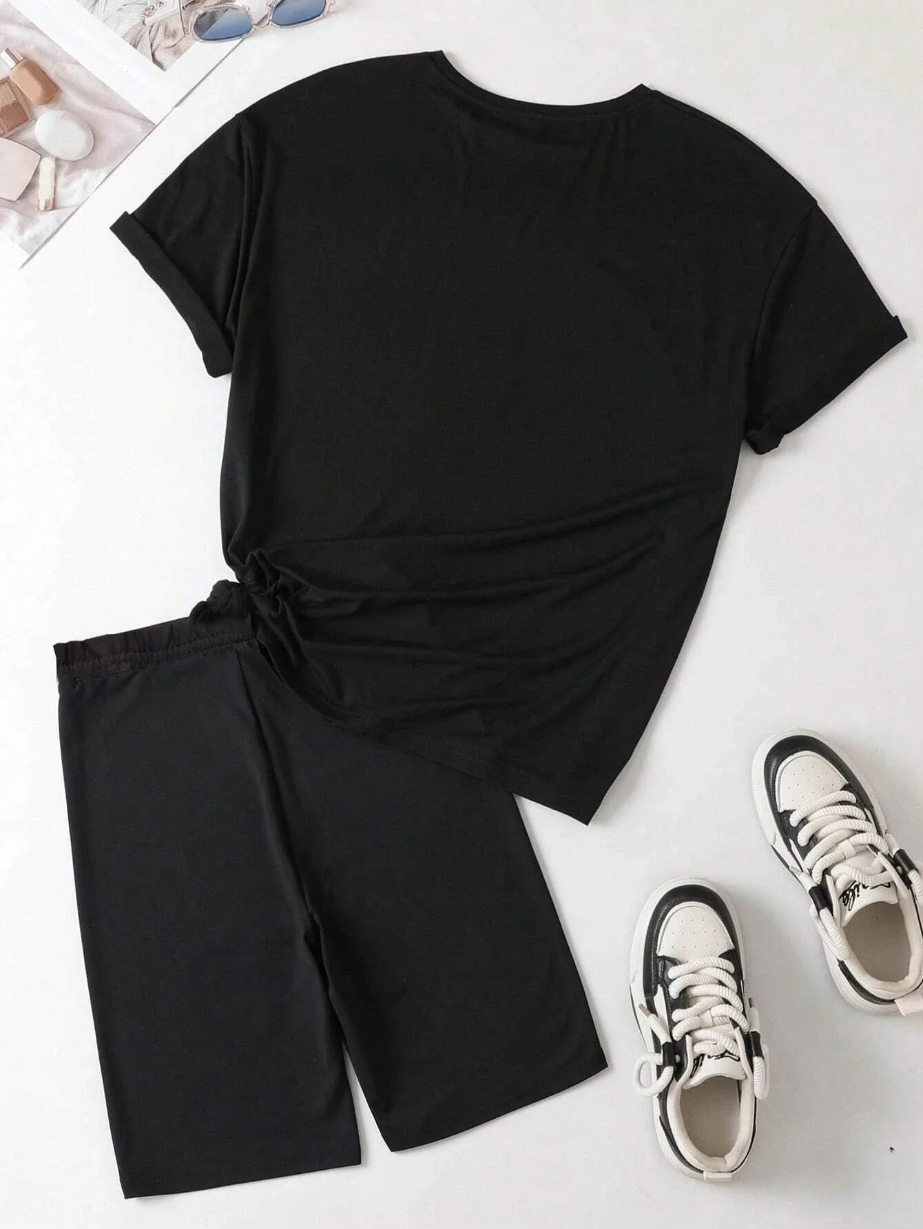 Breathable Cotton Two Piece Set Featuring Lady Wearing Mask Print Short Sleeve T-Shirt and Soft Polyester Hip Hop Style Shorts for Women