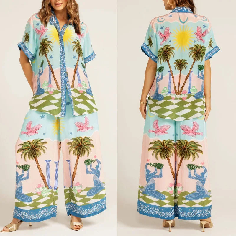 Summer Fashion 2 Piece Set for Women with Printed Half Sleeve Shirt and High Waisted Wide Leg Pants