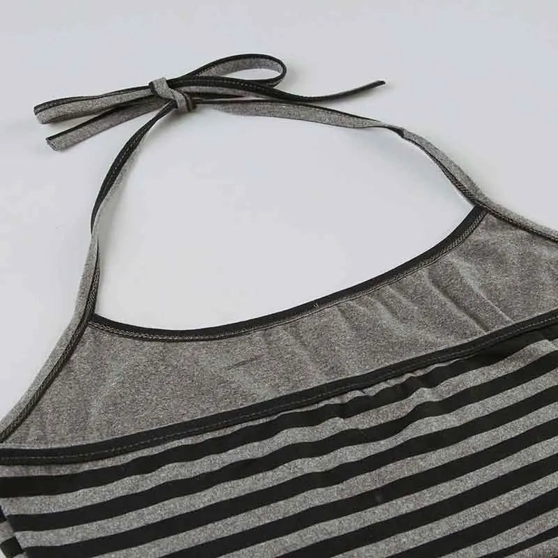 Casual Striped Two Piece Set for Women Slim Fit Backless Bandage Halter Top with Low-Waisted Shorts Summer Lounge Wear