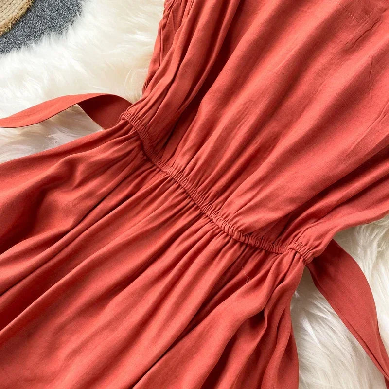 Sleeveless Summer Dress Solid Colors Green Blue Yellow Casual