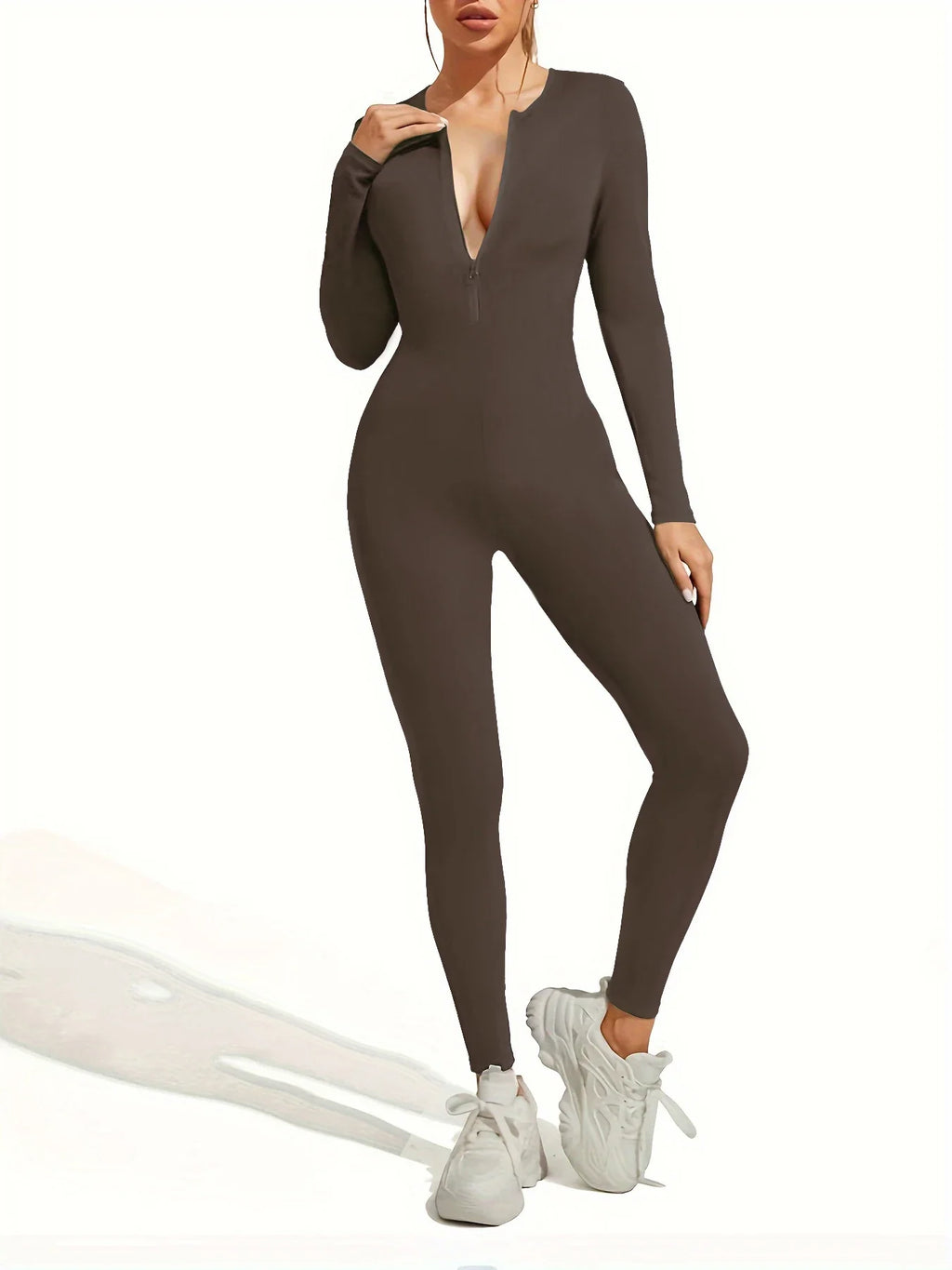 Solid Black Gray Long Sleeve Skiing Jumpsuit for Women Slim Fit Elastic High Waist Fitness Sportwear Romper Streetwear Outfit