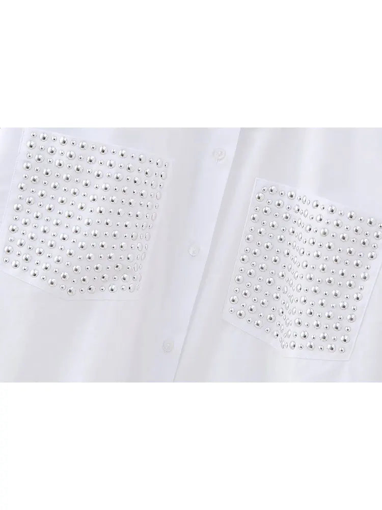 Women's Casual Lapel Collar Single Breasted Blouse with Pockets and Rivet Detail Long Sleeve Shirt