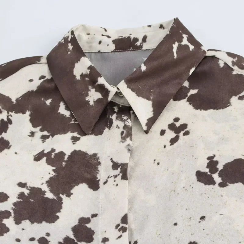 Women's Animal Print Satin Oversized Long Sleeve Blouse Chic Tie Dye Button Up Shirt for Spring