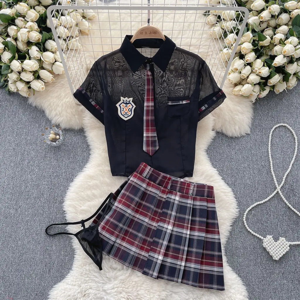 Sexy Preppy Style JK Set for Women Polo Neck See-Through Crop Top Plaid Pleated Short Skirt Student Cosplay Outfit