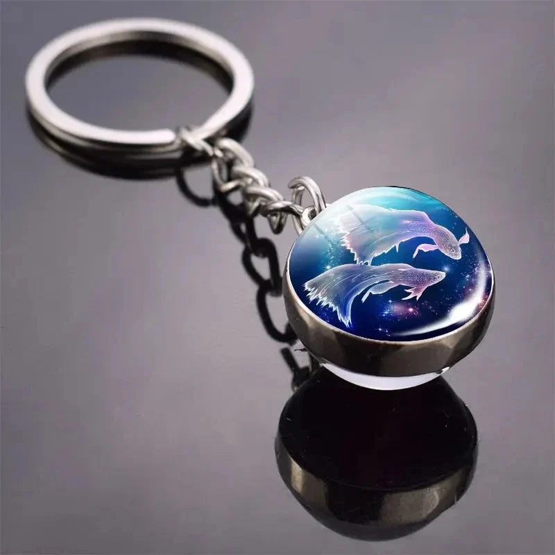 Luminous Zodiac Key Chain Double Sided Glass Ball Pendant for Men and Women Birthday Gift