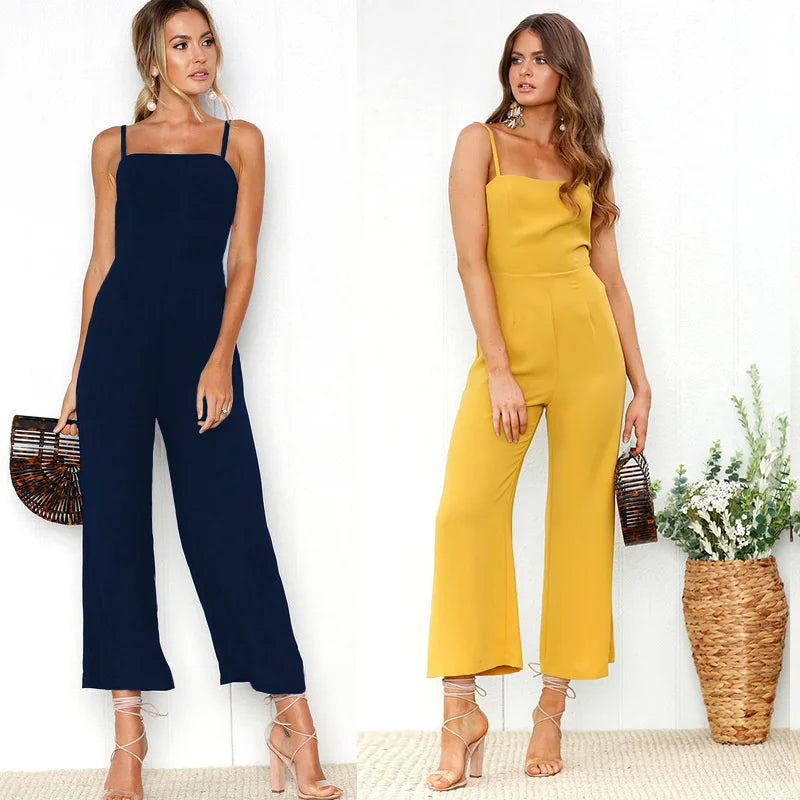 Women Sleeveless Bib Dungarees Jumpsuit Casual Loose Fit Solid Color Wide Leg Overalls with Spaghetti Straps for Autumn