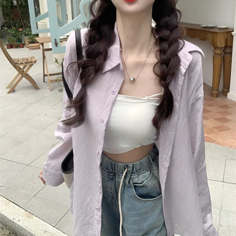 Purple Sunscreen Long Sleeve Shirt for Women Lightweight Single Breasted Loose Casual Blouse with Turn Down Collar