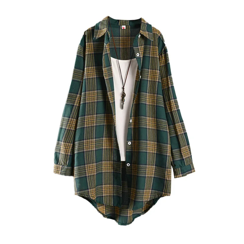 Women's Lightweight Cotton Linen Plaid Shirt Mid-Length Loose Jacket with Sun Protection for Spring and Summer Outerwear