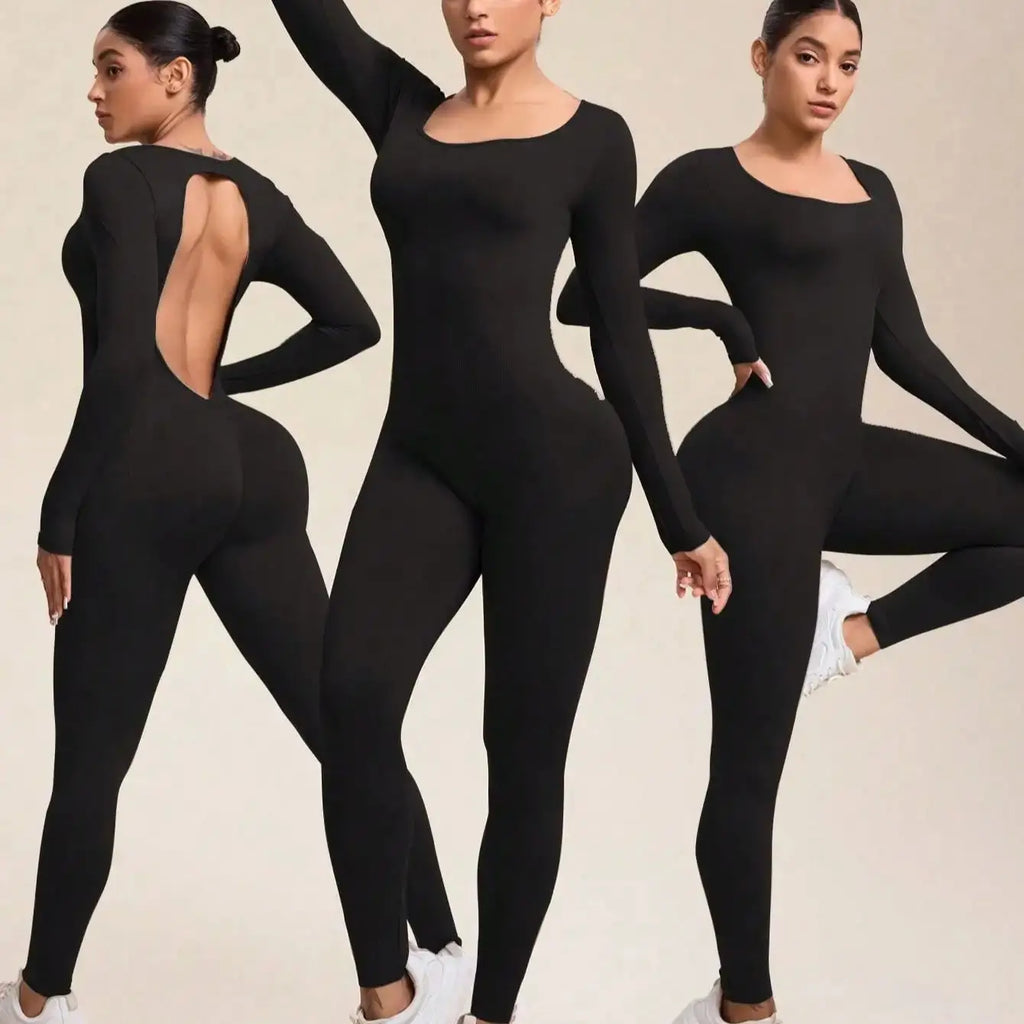 Women Long Sleeve Sexy Backless Bodycon Jumpsuit Romper with Scrunch Butt V Back Workout Playsuit Bodysuit