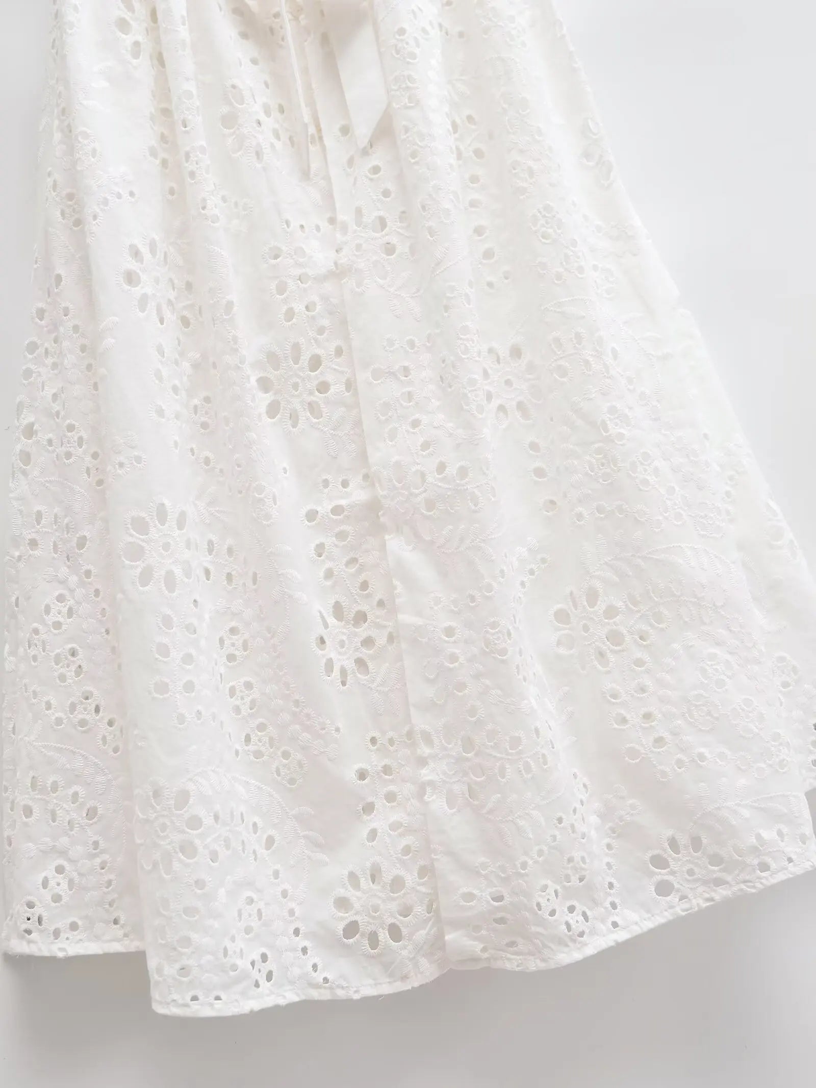 Elegant Eyelet Midi Dress With Belt Tie Short Sleeve