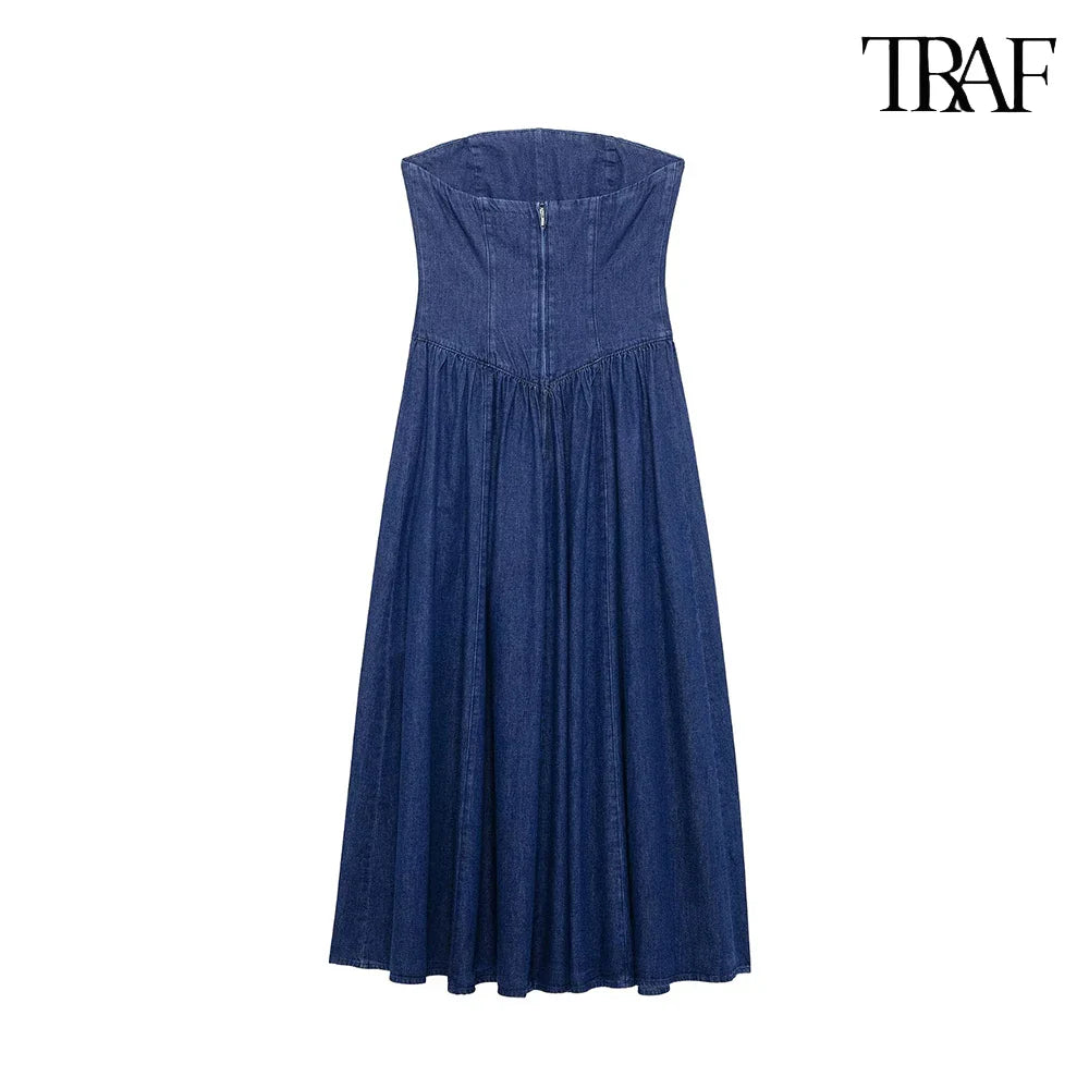 Denim Sheath Party Dress With Drawstring Navy Back Zipper