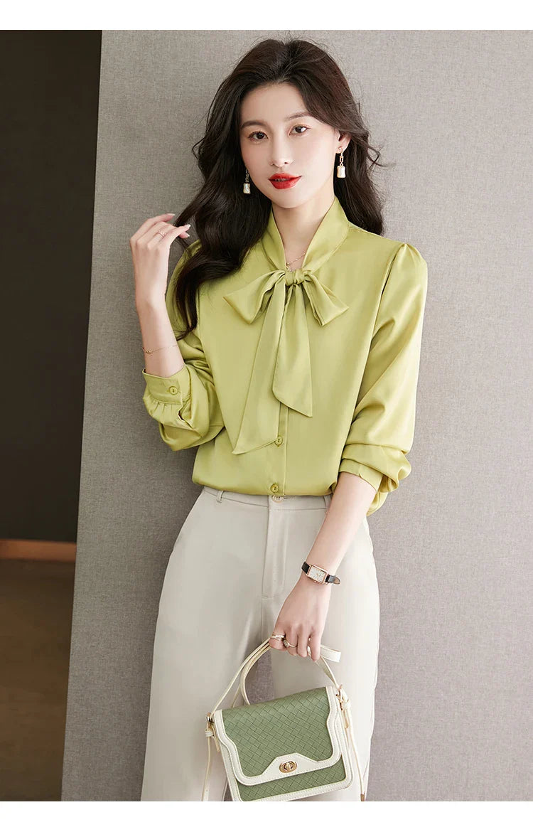 Elegant Women's Long Sleeve Blouse with Bow Collar Casual Loose Fit White Office Shirt Top