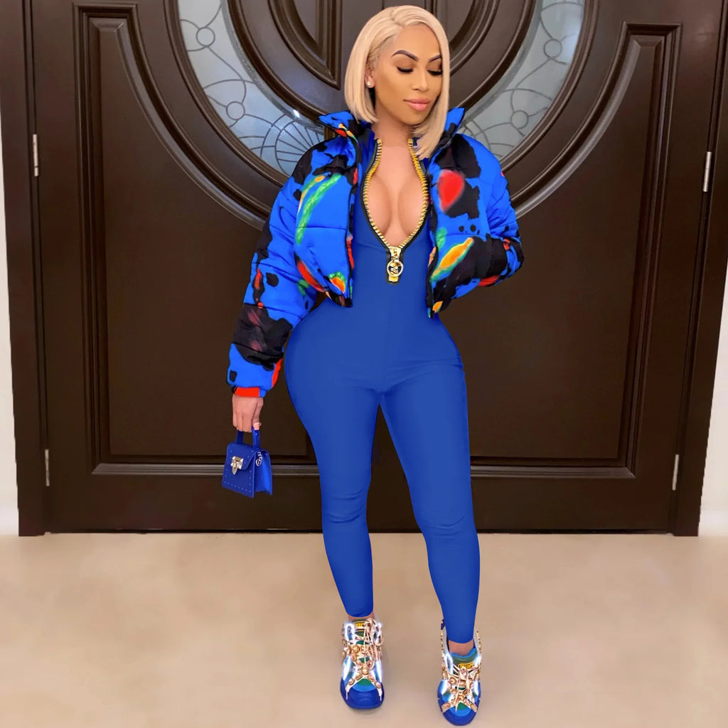 Women's Bodycon One-Piece Jumpsuit with Long Sleeves and Large Front Zipper Casual Sporty Skinny Workout Overalls Top