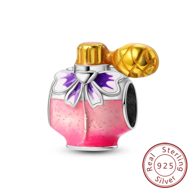 Fit 925 Sterling Silver Bow Perfume Bottle Pink Charms Beads for Women DIY Jewelry Gifts