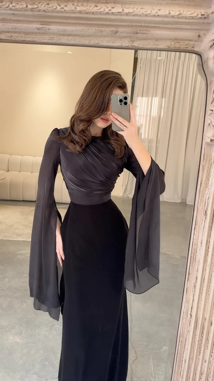Summer Satin Long Sleeve Evening Gown Dress Slim Fit