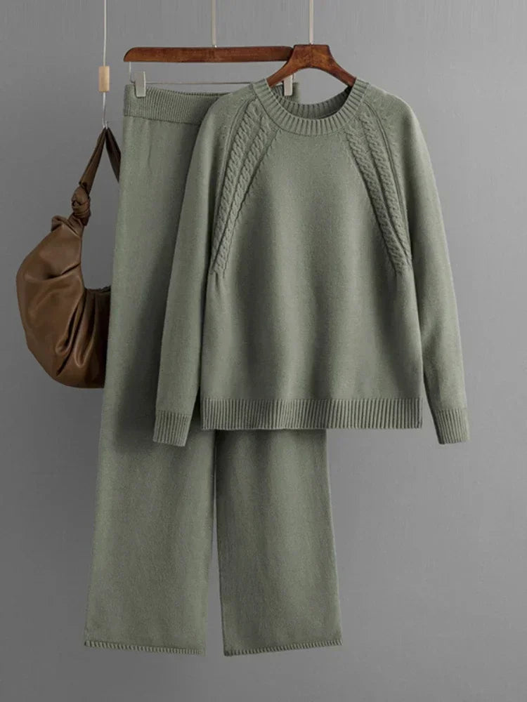 Cozy Autumn Winter Knitted Two Piece Set For Women Loose Sweater And Wide Leg Pants Casual Solid Color Outfit