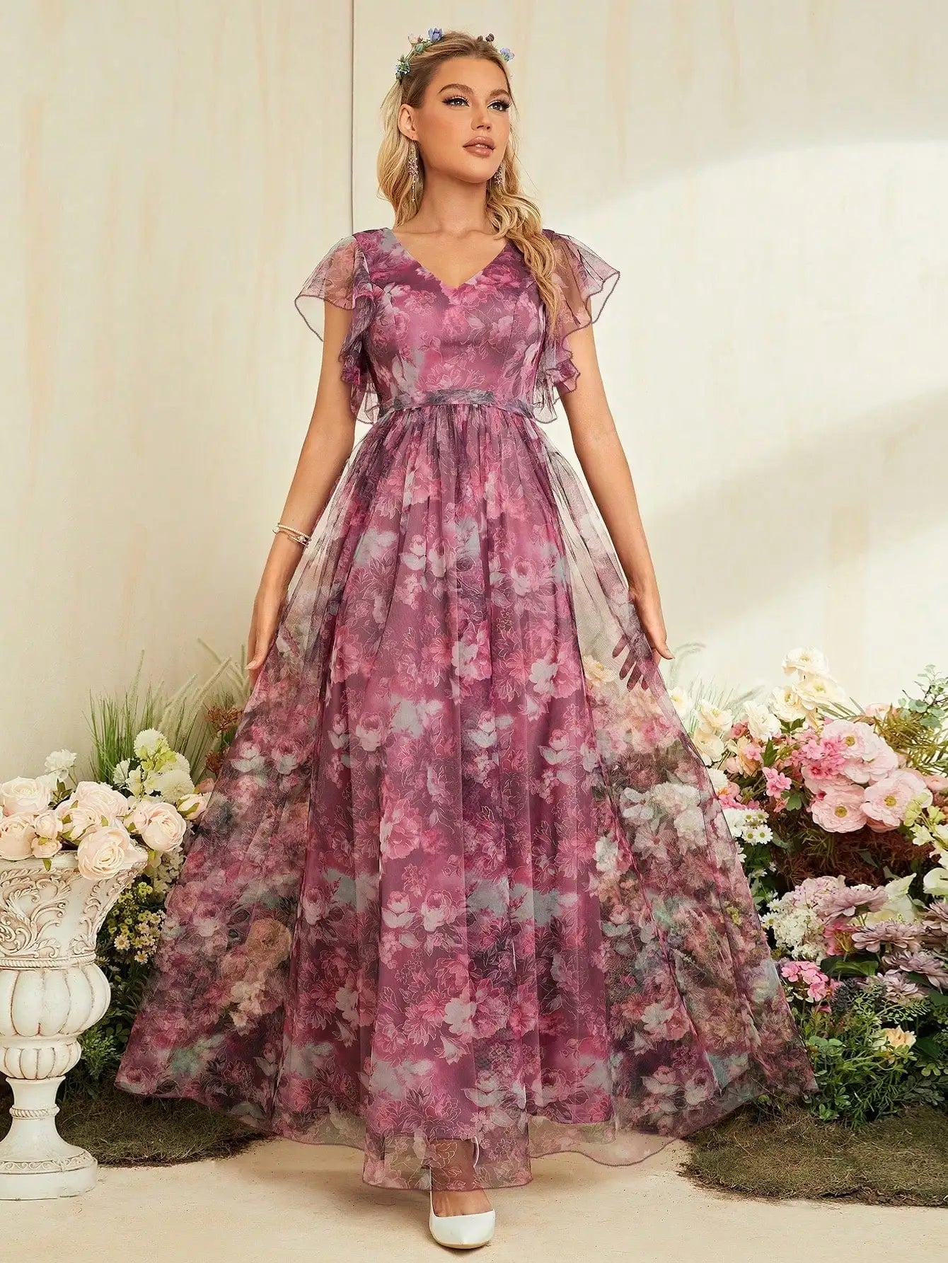 V Neck Lace Patchwork Evening Gown With Ruffled Sleeves