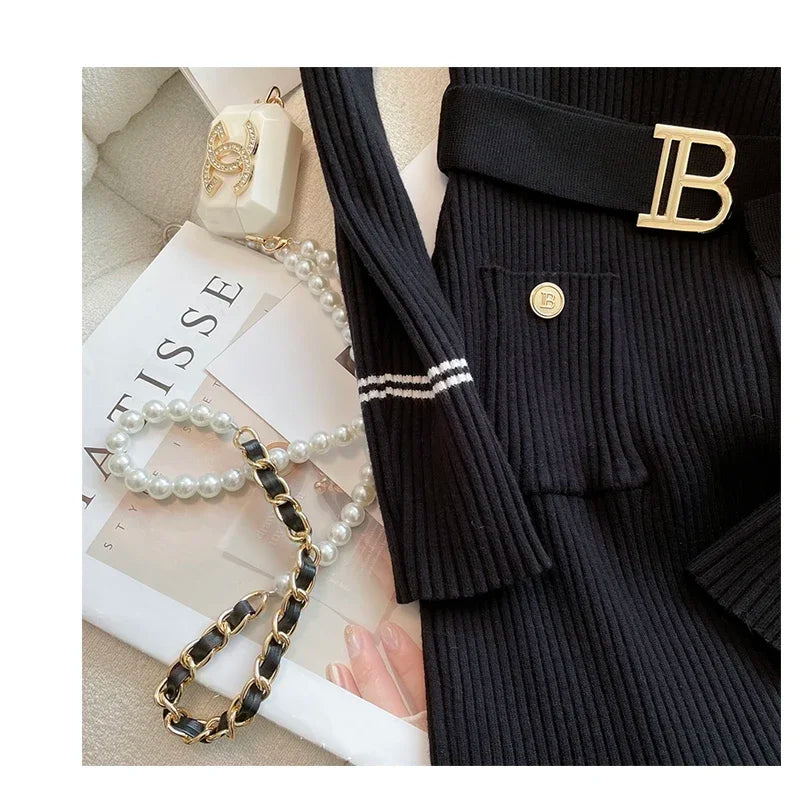 Womens Knitted Dress With Belt O Neck Bodycon Sweater Dress